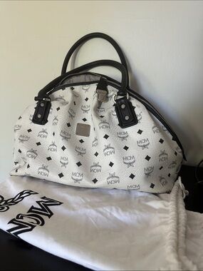 MCM White and Black Logo Dome Satchel with Top Handles